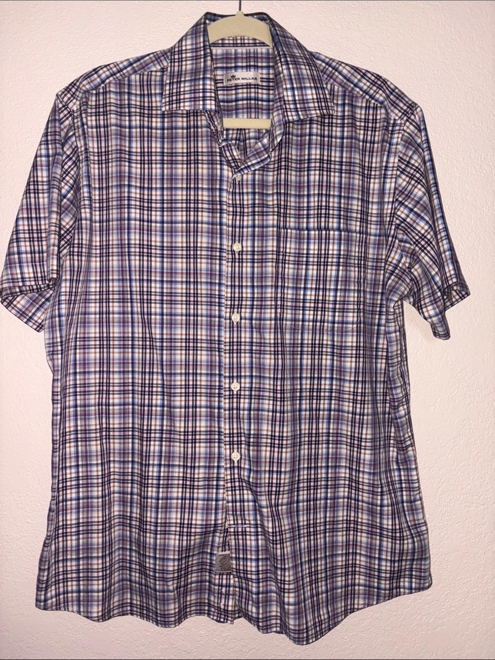 Peter Millar Men's Blue Plaid Short Sleeve Collared Button Down Shirt Size L